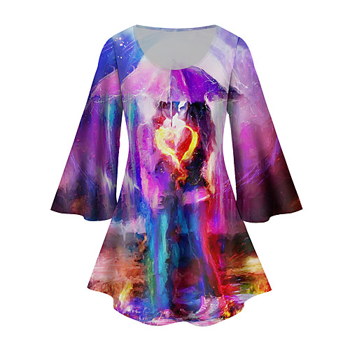 

Women's Plus Size Print Color Gradient Graphic Heart Tunic Large Size Crewneck 3/4 Length Sleeve Basic Tops XL XXL 3XL Purple Big Size