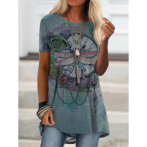 

Women's T shirt Floral Graphic Print Round Neck Tops Basic Basic Top Blue Khaki Green