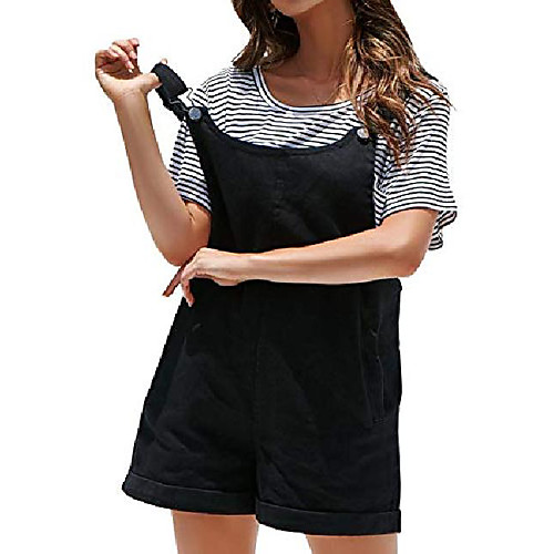 

aimcoo women's solid jumpsuit denim overall casual baggy adjustable shorts rompers with pockets roll cuff shortalls (black, large)