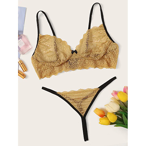 

Women's Layered Lace Hole Matching Bralettes Suits Nightwear Solid Colored Embroidered Bra Yellow XS S M