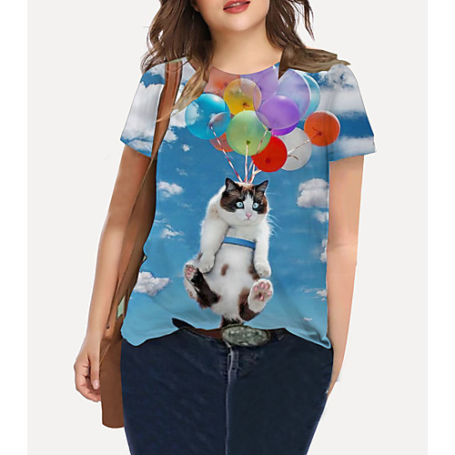 

Women's Plus Size Print Cat Graphic Animal T shirt Large Size Crewneck Short Sleeve Basic Tops XL XXL 3XL Blue Big Size