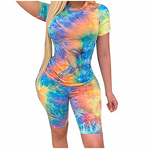 

liuxuelifg3 two piece outfits for women,women casual 2 piece outfit tie dye short sleeve t-shirts bodycon shorts set jumpsuit rompers light blue