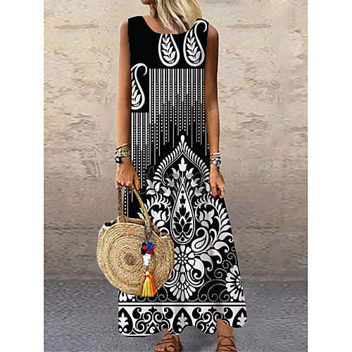 

Women's Shift Dress Maxi long Dress Black Sleeveless Floral Print Print Spring Summer Round Neck Casual 2021 S M L XL XXL 3XL