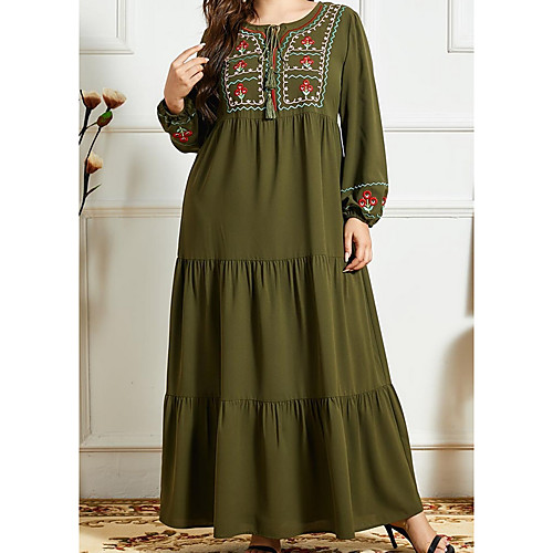 

Women's Kaftan Dress Maxi long Dress Green Long Sleeve Print Embroidered Ruched Summer Round Neck Casual 2021 M L XL XXL 3XL 4XL