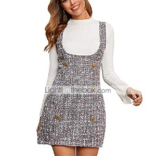 

women's tweed plaid double button mini overall dress grey l