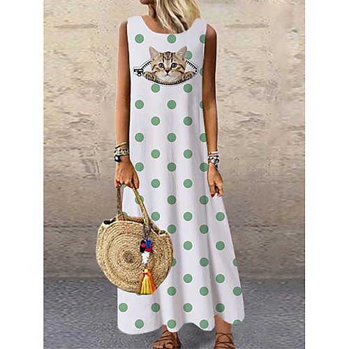 

Women's Shift Dress Maxi long Dress White Sleeveless Polka Dot Cat Animal Print Spring Summer Round Neck Casual 2021 S M L XL XXL 3XL