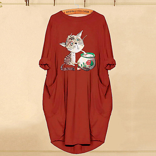 

Women's Plus Size Dresses T Shirt Dress Tee Dress Knee Length Dress Cat Graphic Summer Blue Dark Red M L XL 2XL 3XL