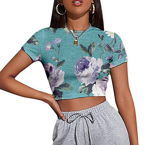 

Women's Crop Tshirt Floral Graphic Print Round Neck Tops Basic Basic Top White Blue Green