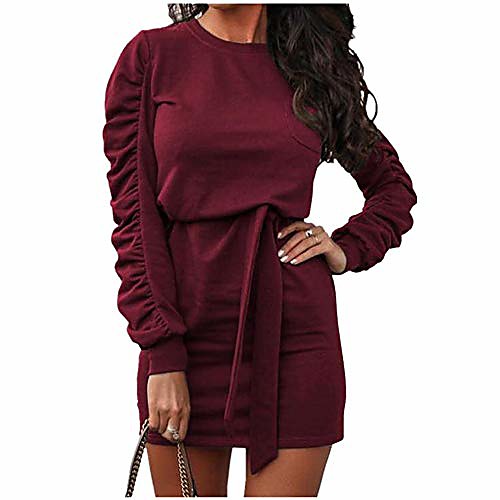 

nhicdns dresses for women casual fall long sleeve elegant solid color sweatshirt dress with belt red large