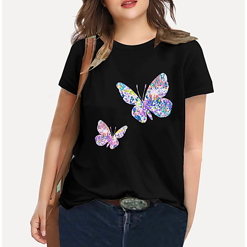 

Women's Plus Size Print Graphic Butterfly T shirt Large Size Crewneck Short Sleeve Basic Tops XL XXL 3XL White Big Size