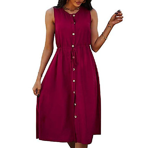 

fz fantastic zone women casual summer dress sleeveless button down swing midi dresses with drawstring red