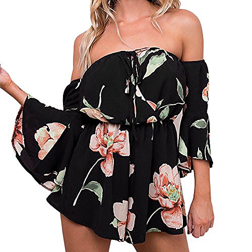 

women rompers floral print casual off shoulder chiffon summer beach jumpsuit shorts overalls for teen girls (xl, black)