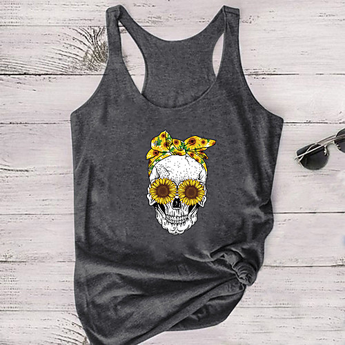 

Women's Yoga Top Racerback Skull White Black Gray Cotton Fitness Gym Workout Running Tank Top T Shirt Sport Activewear Moisture Wicking Quick Dry Lightweight Breathable High Elasticity