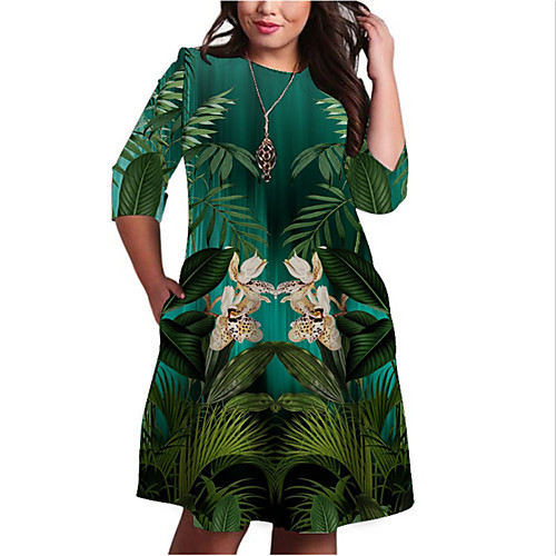 

Women's Plus Size Dresses Shift Dress Knee Length Dress 3/4 Length Sleeve Floral Graphic Print Basic Fall Green XL XXL 3XL 4XL 5XL / Holiday