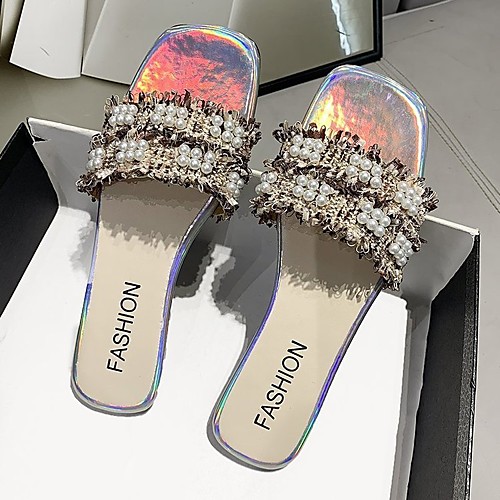 

Women's Slippers & Flip-Flops Flat Heel Open Toe Rubber Polyester Braided Black Brown Beige
