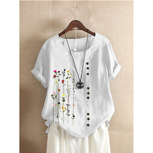 

Women's Plus Size Tops Blouse Shirt Floral Graphic Cotton Linen Short Sleeve Round Neck Spring Summer White Blue Green Big Size XL XXL XXXL 4XL 5XL