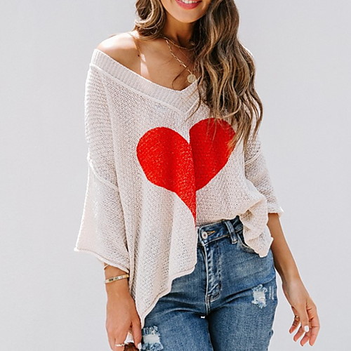 

Women's Geometric Sweater 3/4 Length Sleeve Sweater Cardigans V Neck Fall Winter White