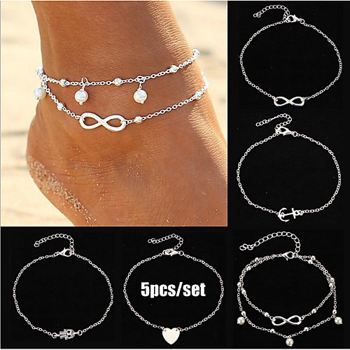 

5-piece set of peach heart anchor head artificial pearl alloy anklet ladies anklet bracelet multi-set set