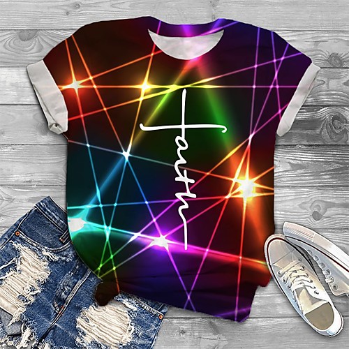 

Women's Plus Size Print Graphic T shirt Large Size Crewneck Short Sleeve Basic Tops XL XXL 3XL Rainbow Big Size