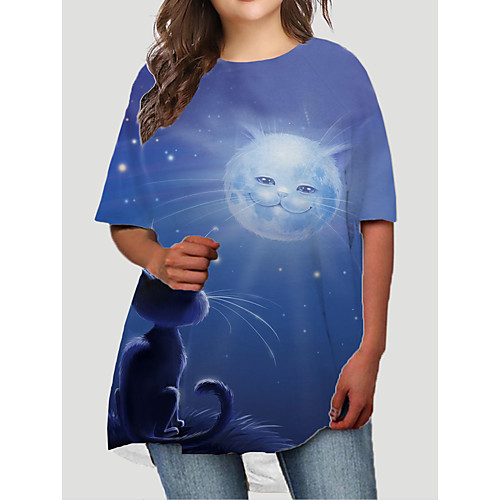 

Women's Plus Size Dresses T Shirt Dress Tee Dress Short Mini Dress Half Sleeve Cat Graphic Animal Print Basic Fall Blue Dark Blue XL XXL 3XL 4XL 5XL / Holiday