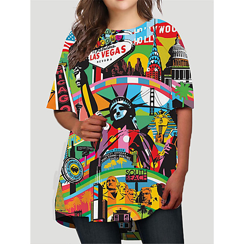 

Women's Plus Size Dresses T Shirt Dress Tee Dress Short Mini Dress Half Sleeve Graphic Abstract Portrait Print Basic Fall Green XL XXL 3XL 4XL 5XL / Holiday