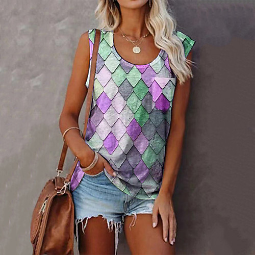 

Women's Blouse Check Print U Neck Tops Basic Top Blue Purple Yellow
