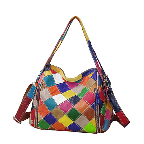 

Women's Bags Leather Cowhide Top Handle Bag Plaid Split Joint Vintage Event / Party Outdoor Office & Career Retro Handbags Rainbow #1 Black