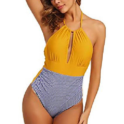 

rovlet women's one piece swimsuit striped halter neck highwaist swimwear v neck bathing suit sexy beachwear (x-large, yellow)