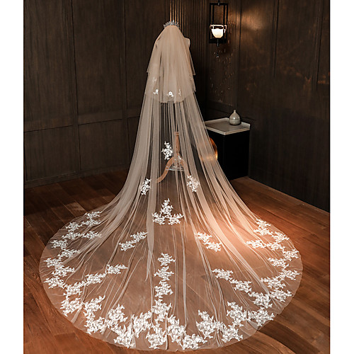 

One-tier Classic Wedding Veil Chapel Veils with Solid 118.11 in (300cm) Lace