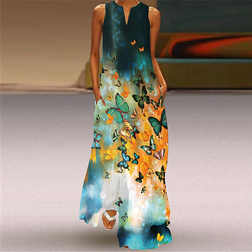 

2021 summer independent station new european and american retro print long skirt v-neck multicolor long sexy sleeveless dress