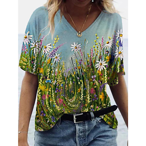 

Women's T shirt Floral V Neck Tops Basic Basic Top Blue