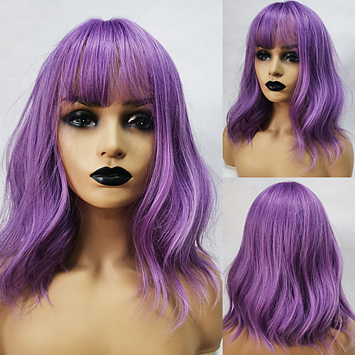 

Purple Short Bob Synthetic Wigs with Bangs Water Wave Natural wigs for Women Wavy Cosplay Wigs Heat Resistant Fiber