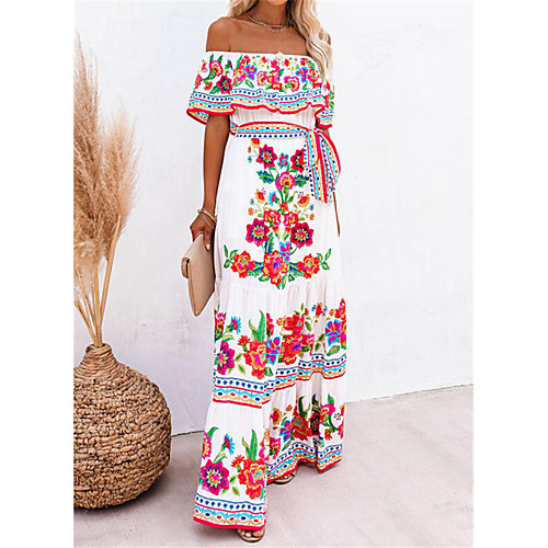 

2021 european and american foreign trade summer women's new style one-shoulder red flower print sexy long large swing dress