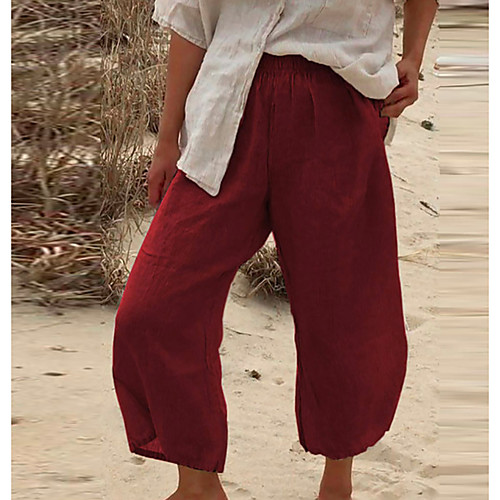 

Women's Basic Soft Comfort Daily Weekend Chinos Pants Plain Ankle-Length Pocket Elastic Waist Black Blue Red