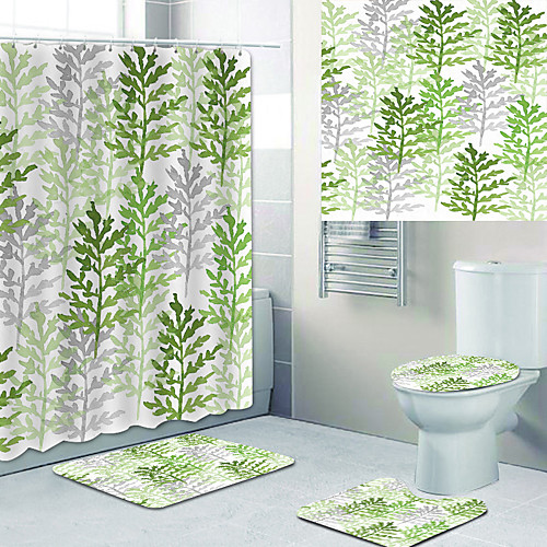 

Green Leaves Printed Bathtub Curtain liner Covered with Waterproof Fabric shower Curtain for Bathroom home Decoration with hook floor mat and four-piece Toilet mat