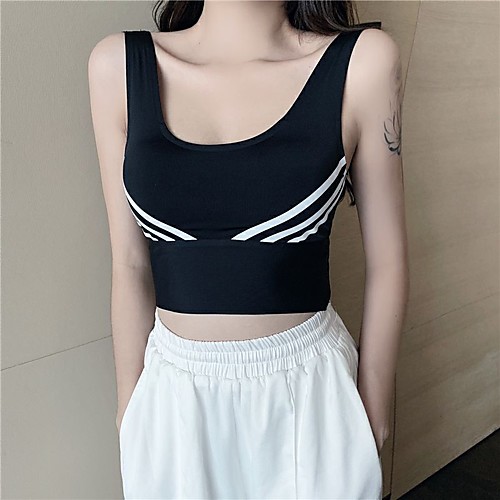 

Women's Scoop Neck Sports Bra Yoga Top Bra Top Light Support Winter Cut Out Stripes White Black Nylon Yoga Fitness Gym Workout Bra Top Sleeveless Sport Activewear Breathable Comfortable Micro-elastic