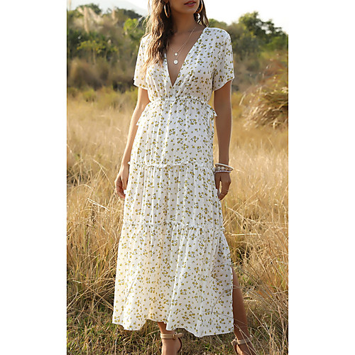 

Women's Swing Dress Maxi long Dress White Black Green Beige Short Sleeve Floral Ruffle Print Fall Summer V Neck Elegant Casual 2021 S M L XL