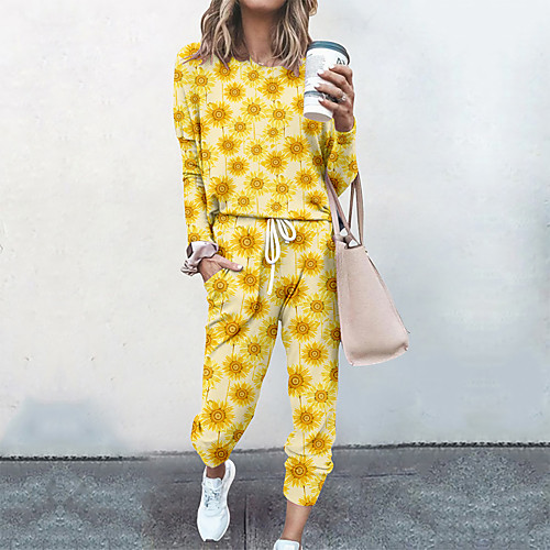 

Women's Streetwear Cinched Floral Going out Casual / Daily Two Piece Set Sweatshirt Tracksuit Pant Loungewear Drawstring Print Tops