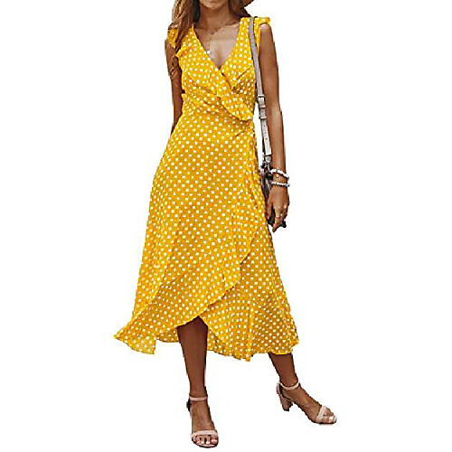 

top-vigor women's summer dresses v neck sleeveless dot print bohemian beach wrap long flowy dress