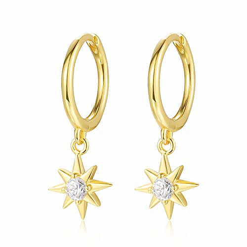 

925 sterling silver gold starburst charm hoop earrings cubic zirconia dainty small star drop dangle huggie hoop earrings