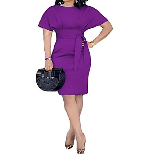 

wawaya womens solid color belted short sleeve fashion work office party midi dress purple xxs