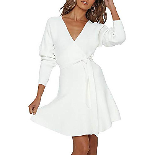 

meenew women's knitted tunic dress v neck long sleeve mini a line dress white s