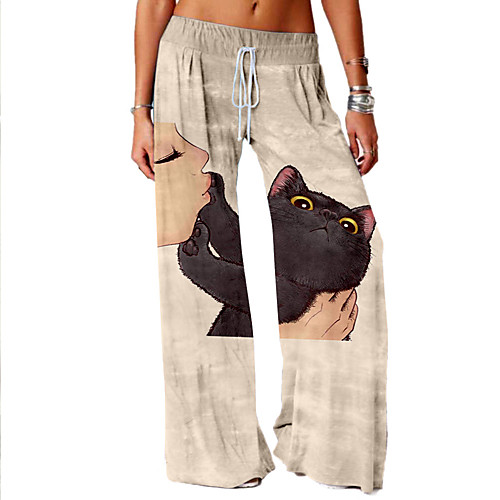 

Women's Basic Soft Comfort Daily Home Chinos Pants Cat Graphic Prints Full Length Elastic Drawstring Design Print Khaki Gray