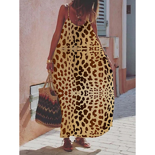 

summer european and american plus size women's sling dress women's cross-border stitching leopard print large swing skirt mid-waist long skirt amazon