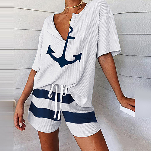 

Women's Basic Cinched Print Color Block Weekend Home Two Piece Set T shirt Shorts Drawstring Tops