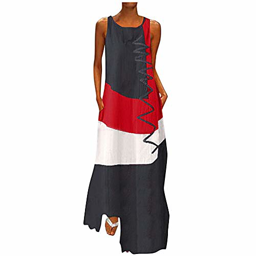 

hotkey women plus size dress summer casual loose sleeveless vintage patchwork daily round neck bohemian long maxi dress gray