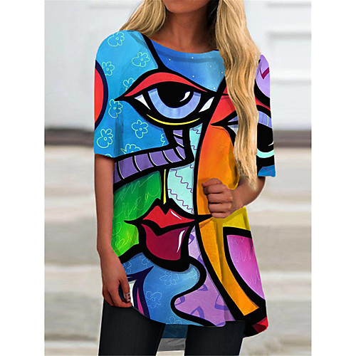 

Women's T Shirt Dress Tee Dress Short Mini Dress Blue Half Sleeve Color Block Geometric Print Spring Summer Round Neck Casual 2021 S M L XL XXL 3XL