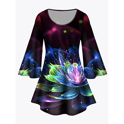 

Women's Plus Size Print Floral Graphic Tunic Large Size Crewneck 3/4 Length Sleeve Basic Tops XL XXL 3XL Black Big Size