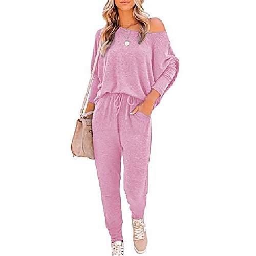 

foshow womens two piece off shoulder jumpsuit rompers loose solid long pants pajamas casual knit jumpsuit outfits pink