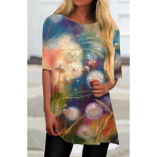 

Women's T Shirt Dress Tee Dress Short Mini Dress Blue Half Sleeve Floral Print Print Spring Summer Round Neck Casual 2021 S M L XL XXL 3XL